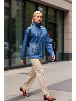 Benerly Kadın %100 Pamuk Dik Yaka Düşük Kol Denim Ceket Fonksiyonel Dayanıklı Kaliteli Konforlu Şık