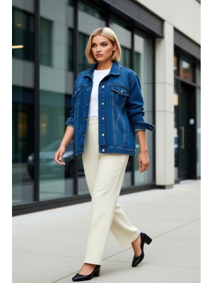 Benerly Kadın Gömlek Yaka Düşük Kol Cep Detaylı %100 Pamuk Denim Ceket Fonksiyonel Dayanıklı Rahat