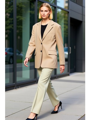 Benerly Kadın Ceket Yaka Uzun Kol Oversize Kalıp Dokuma Blazer Ceket Fonksiyonel Dayanıklı Estetik