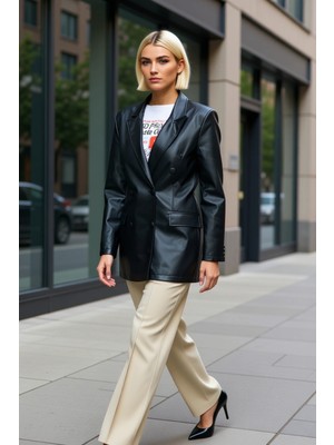 Benerly Kadın Regular Kalıp Ceket Yaka Uzun Kol Suni Deri Dokuma Fonksiyonel Dayanıklı Kaliteli Şık