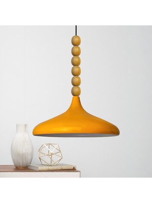 Bamyum Sarı Ahşap Altı Boncuklu Tekli Avize Sarkıt Salon Mutfak Butik Lamba