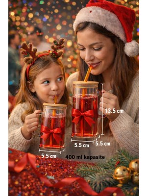 Çeyizde 3-4-5-6'lı Bambu Kapaklı 400 ml Borisilikat Sızdırmaz Cam Kupa - Hediyelik Cam Kupa Yılbaşı Ögretmenler Günü Hediyesi Cam Bardak