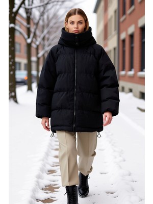 Benerly Kadın Kapüşonlu Uzun Kol Reglan Kol Düz Kalıp Şişme Mont Fonksiyonel Dayanıklı Kaliteli Şık