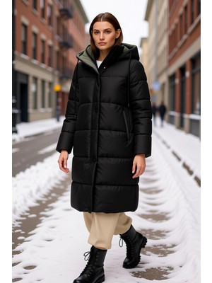 Benerly Kadın Kapüşonlu Fermuarlı Düz Desen Standart Kol Kalın Mont Fonksiyonel Dayanıklı Kaliteli