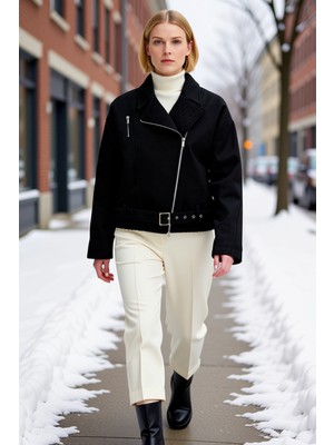 Benerly Kadın Gömlek Yaka Düşük Kol Fermuarlı Oversize Mont %100 Pamuk Fonksiyonel Dayanıklı Rahat