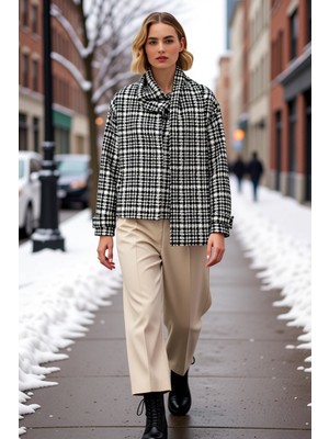 Benerly Kadın Bisiklet Yaka Standart Kol Ekose Kaşe Mont Fonksiyonel Dayanıklı Kaliteli Konforlu Şık