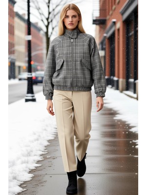 Benerly Kadın Gömlek Yaka Standart Kol Ekose Desenli Bomber Ceket Fonksiyonel Dayanıklı Kaliteli Şık