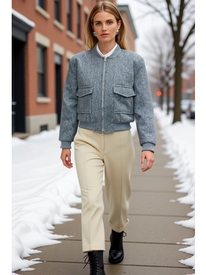 Benerly Kadın Hakim Yaka Fermuarlı Düz Desen Uzun Kol Standart Kalıp Bomber Ceket Fonksiyonel Spor