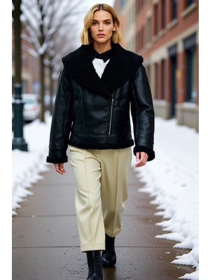 Benerly Kadın Gömlek Yaka Uzun Kol Regular Kalıp Suni Deri Ceket Fonksiyonel Dayanıklı Kaliteli Şık