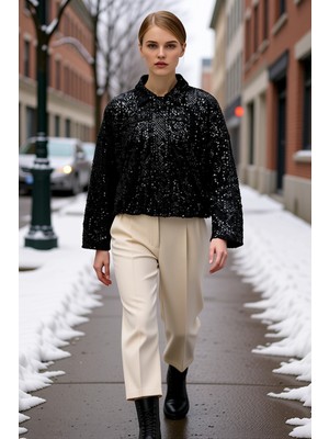 Benerly Kadın Gömlek Yaka Uzun Kol Standart Kol Payetli Dokuma Ceket Fonksiyonel Dayanıklı Estetik