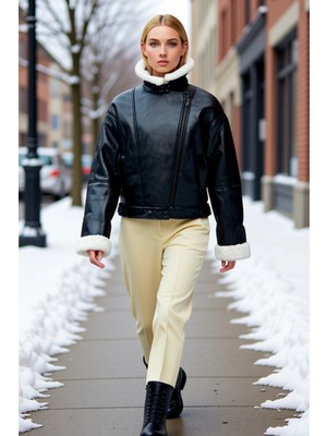 Benerly Kadın Oversize Kalıp Suni Deri Gömlek Yaka Fermuarlı Düşük Kol Ceket Fonksiyonel Dayanıklı