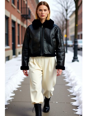 Benerly Kadın Suni Deri Oversize Kalıp Gömlek Yaka Fermuarlı Ceket Fonksiyonel Dayanıklı Kaliteli Şık