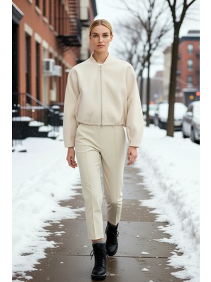 Benerly Kadın Hakim Yaka Düşük Kol Fermuarlı Kaşe Ceket Fonksiyonel Dayanıklı Kaliteli Konforlu Şık