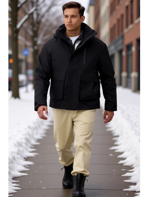 Benerly Erkek Kapüşonlu Standart Kol Fitted Kumaş Parka Fonksiyonel Dayanıklı Kaliteli Konforlu Şık