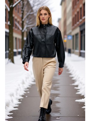 Benerly Kadın Dik Yaka Düşük Kol Suni Deri Oversize Kalıp Ince Ceket Fonksiyonel Dayanıklı Estetik