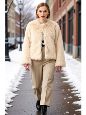 Benerly Kadın Bisiklet Yaka Düşük Kol Uzun Kollu Oversize Kalıp Suni Kürk Mont Fonksiyonel Estetik