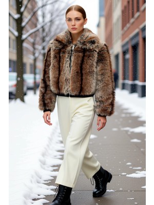 Benerly Kadın Oversize Kalıp Uzun Kollu Gömlek Yaka Fermuarlı Dokuma Suni Kürk Mont Fonksiyonel Şık