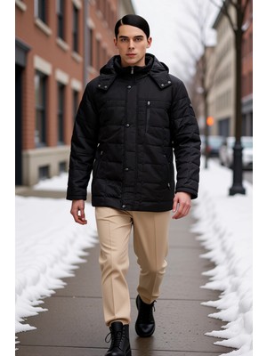 Benerly Erkek Kapüşonlu Standart Kol Düz Desen Dokuma Mont %100 Polyester Fonksiyonel Dayanıklı Şık