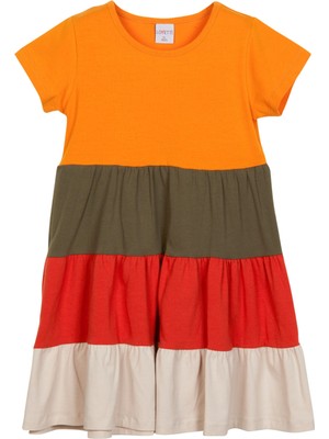 Lovetti Kadmium Sarı-Taş Kat Kat Renkli Kız Çocuk Kısa Kollu Elbise