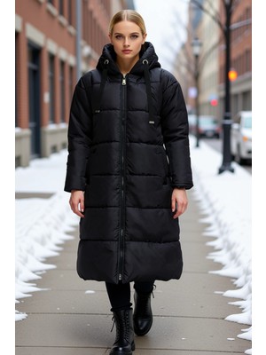 Benerly Kadın Kapüşonlu Düşük Kol Uzun Kalın Mont Fonksiyonel Dayanıklı Kaliteli Konforlu Estetik Şık