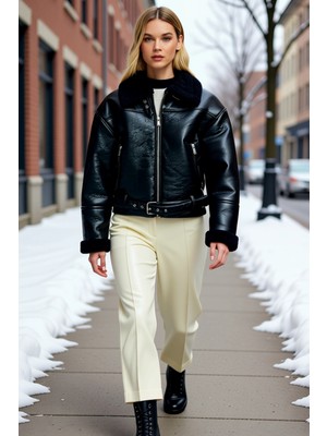 Benerly Kadın Gömlek Yaka Uzun Kol Suni Deri Biker Ceket Kalın Kalıp Fonksiyonel Dayanıklı Estetik