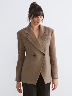 Soulife Kruvaze Yaka Kadın Kaşe Blazer Ceket