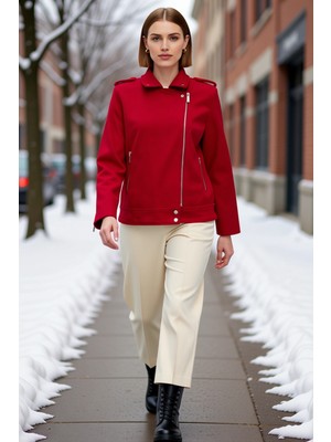 Benerly Kadın Ceket Yaka Düşük Kol Fermuarlı Biker Kalıp Kaşe Ince Ceket Fonksiyonel Dayanıklı Şık
