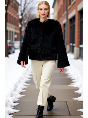 Benerly Kadın Bisiklet Yaka Düşük Kol Uzun Kollu Oversize Kalıp Suni Kürk Mont Fonksiyonel Estetik