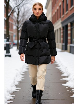 Benerly Kadın Kapüşonlu Kuşaklı Su Itici Midi Şişme Mont Uzun Kol Fonksiyonel Dayanıklı Kaliteli Şık