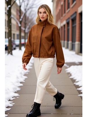 Benerly Kadın Dik Yaka Standart Kol Süet Bomber Mont Fonksiyonel Dayanıklı Kaliteli Konforlu Rahat