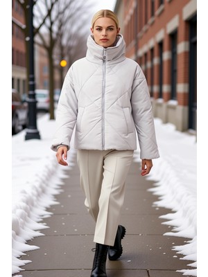 Benerly Kadın Oversize Dik Yaka Düşük Kol Fermuarlı Kapitone Mont Fonksiyonel Dayanıklı Kaliteli Şık