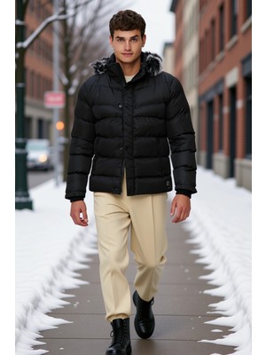 Benerly Erkek Kapüşonlu Uzun Kol Standart Kalıp Düz Desenli Şişme Mont Fonksiyonel Dayanıklı Rahat