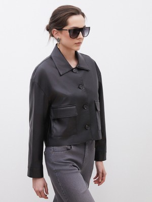 Soulife Gömlek Yaka Kadın Deri Görünümlü Ceket