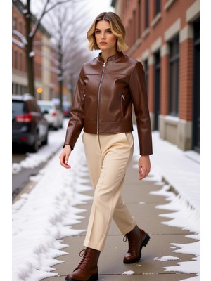 Benerly Kadın Hakim Yaka Standart Kol Fitted Kalıp Suni Deri Ceket Fonksiyonel Dayanıklı Kaliteli Şık