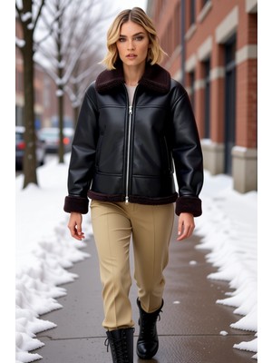 Benerly Kadın Kapüşonlu Standart Kol Suni Deri Regular Kalıp Mont Fonksiyonel Dayanıklı Kaliteli Şık