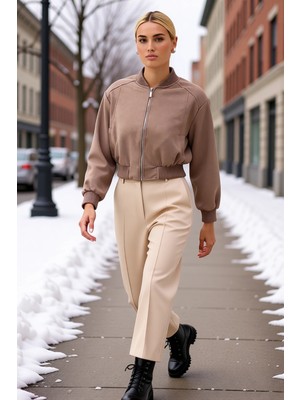 Benerly Kadın Bisiklet Yaka Standart Kol Regular Kalıp Süet Bomber Ceket Fonksiyonel Dayanıklı Şık