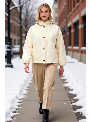 Benerly Kadın Kapüşonlu Düz Dokuma Standart Kol Gömlek Yaka Mont Fonksiyonel Dayanıklı Kaliteli Şık