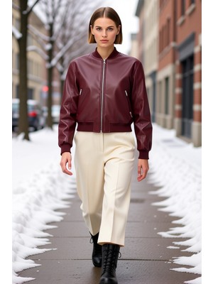 Benerly Kadın Hakim Yaka Standart Kol Regular Kalıp Suni Deri Bomber Ceket Fonksiyonel Dayanıklı Şık