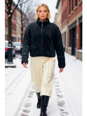 Benerly Kadın Hakim Yaka Düşük Kol Fermuarlı %100 Pamuk Kapitone Mont Fonksiyonel Dayanıklı Modern