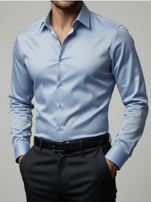 Torivalli Collection Dar Kesim Slimfit Saten Kolay Ütülenebilen Mevsimlik Cepsiz Uzun Kollu Kol Düğmesi Takılabilen Erkek Gömlek