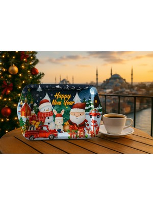 Atagift Hediyelik Yılbaşı Temalı Metal Küçük Boy 25 x 16 cm Sunum Tepsisi – Happy New Year Desenli, Şık Hediyelik & Kahve Sunumluk