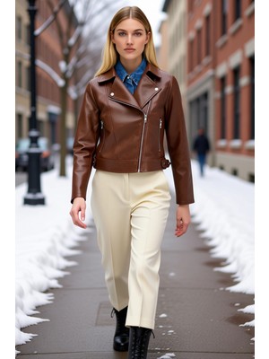 Benerly Kadın Fitted Kalıp V Yaka Standart Kol Ince Suni Deri Ceket Fonksiyonel Dayanıklı Kaliteli