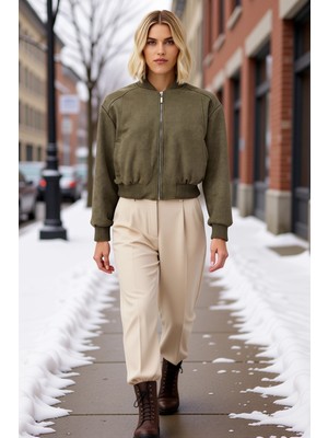 Benerly Kadın Bisiklet Yaka Standart Kol Süet Bomber Ceket Fonksiyonel Dayanıklı Kaliteli Konforlu