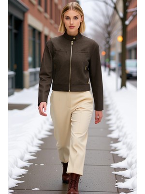 Benerly Kadın Hakim Yaka Standart Kol Fitted Kalıp Suni Deri Ince Ceket Fonksiyonel Dayanıklı Spor