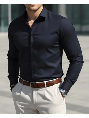 Torivalli Collection Dar Kesim Slimfit Saten Kolay Ütülenebilen Mevsimlik Cepsiz Uzun Kollu Kol Düğmesi Takılabilen Erkek Gömlek