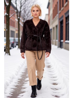 Benerly Kadın V Yaka Standart Kol Oversize Kalıp Suni Kürk Ceket Fonksiyonel Dayanıklı Kaliteli Şık