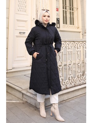 Büyük Beden Beli Bağcıklı Kapüşonlu Mont 6343-01 Siyah