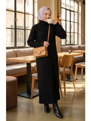 Boğazlı Yaka Fitilli Tesettür Elbise 2188-04 Siyah