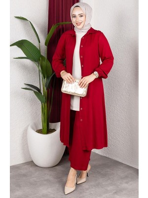 Viskon Belmando Kumaş Tunik Pantolon Ikili Takım 0340-02 Kırmızı