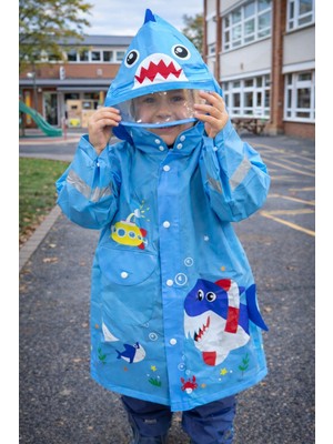 Erkek Çocuk Köpekbalığı Desenli Şapkalı Yağmurluk Mavi